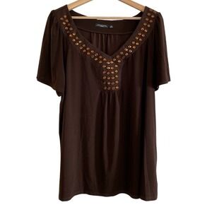 Notations brown top w/jeweled neckline 2X EUC